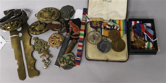 A WWI War and Victory medal duo to Pte. J W Roughsedge Rif. Brig., a WWII medal group and sundry items,